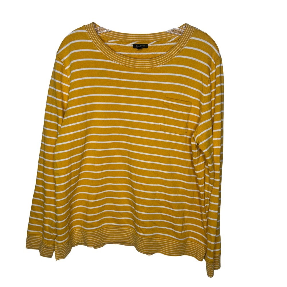 Talbots Womens Yellow White Striped Long Sleeve Pocket Tee Shirt Top Size L‎